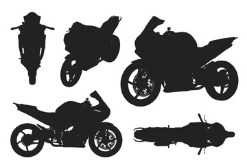 Isolated sport motorbike silhouette in different views.