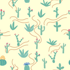Fototapeta na wymiar seamless pattern with different cactus. Bright repeated texture with green cacti. Natural background with desert plants
