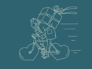 Fototapeta na wymiar courier food delivery on a wheeled bicycle, Valentines Day. Red heart instead of wheels