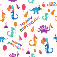 seamless pattern with cute dinosaurs Happy Birthday