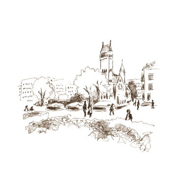Hand drawn sketch with a fountain pen. Belarus, Minsk, Independence Square, view of the Red Church. The Church of Saints Simeon and Elena. Urban sketching style. Monochrome linear drawing.