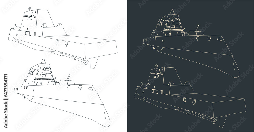 Wall mural Modern stealth warship sketches