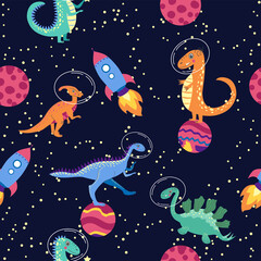 Dino in space seamless pattern. Cute dragon characters, dinosaur traveling galaxy with stars, planets. Kids cartoon background. Illustration of astronaut dragon, kids wrapping with cosmic dino