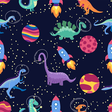 Dino In Space Seamless Pattern. Cute Dragon Characters, Dinosaur Traveling Galaxy With Stars, Planets. Kids Cartoon Background. Illustration Of Astronaut Dragon, Kids Wrapping With Cosmic Dino