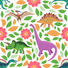 Doodle dinosaur pattern. Seamless textile dragon print, trendy childish fabric background, cartoon dinosaurs.