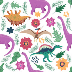 Naklejka premium Doodle dinosaur pattern. Seamless textile dragon print, trendy childish fabric background, cartoon dinosaurs.