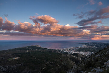 Landscape view of Javea from the Montgo mountain in sunset, costa blanca, Xabia, Spain