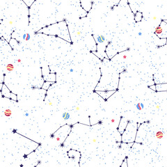 Seamless pattern of blue zodiac signs. Capricorn, Aries, Leo astrological symbols