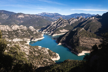 Landscape of Llosa del Cavall reservoir in the winter, mountain view from Santuario de Lord, Lleida, Catalonia