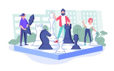 Diverse team playing giant chess on chessboard together flat vector. People planning, thinking, discussing business strategy or tactics. Brainstorm and teamwork concept