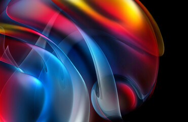 3d render of abstract art 3d background with surreal organic substance in curve round wavy organic biological spherical forms with blur effect in purple blue and yellow rainbow gradient color on black