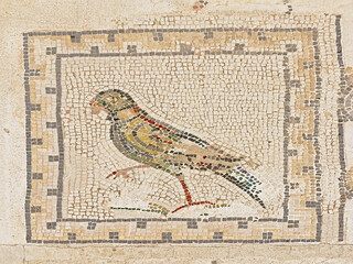 Ornate ancient roman floor tiles depicting a bird, detail of Ruins of Italica, Roman city in the...