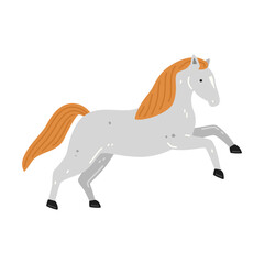 Cute light grey horse with red mane. Vector flat illustration