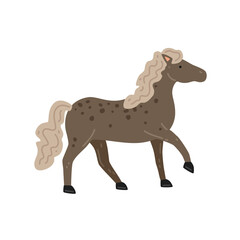 Cute brown spotted horse with beige mane. Vector flat illustration