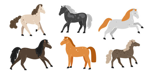 Set of cute horses in cartoon style. Vector flat illustration