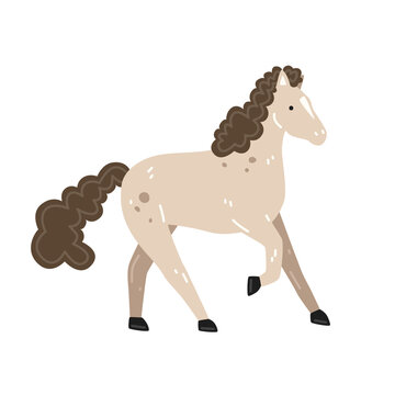 Cute beige spotted horse with brown mane in cartoon style. Vector flat illustration