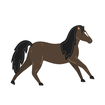 Cute brown horse with black mane. Vector flat illustration