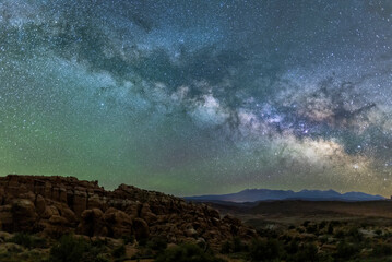 Fototapeta na wymiar Blue-Green Milky Way over Fiery Furnace Hoodoos