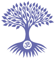 The tree of life with aum, om, ohm sign. Spiritual symbol. Very peri color 2022. Vector art graphics.