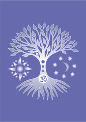The tree of life with om, aum ohm sign in center. Spiritual symbol. Vector art graphics
