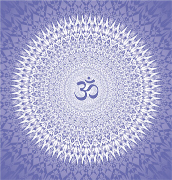 Mandala with aum, om, ohm sign in center. Very peri color 2022 year. Vector art graphics.