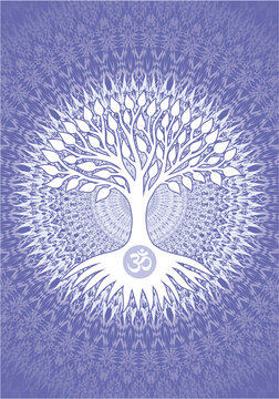 The tree of life on a openwork mandala with aum, om, ohm in center. Spiritual symbol. Vector art graphics