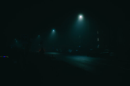 Street lights, foggy misty night