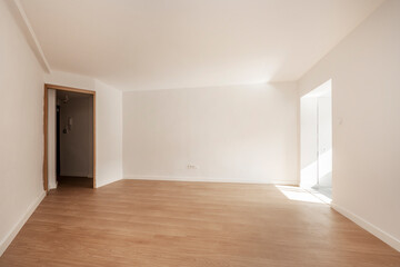 Empty room with freshly painted walls and oak wood floors and a large window through which the sunlight