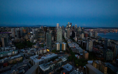 Seattle, Washington, USA - June 4 2021: Seattle downtown skyline at night. View from Seattle needle.