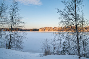 View of Vuoksi river and river banks in winter, Imatra, Finland