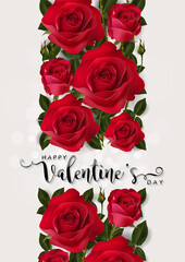 Valentine's day greeting card templates with realistic of beautiful rose and heart on background color.
