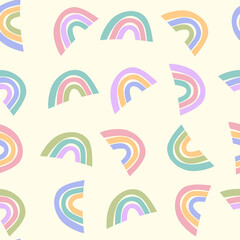 Trendy seamless pattern with colorful rainbow on color background. Design for invitation, poster, card, fabric, textile, fabric. Cute holiday illustration for baby. Scandinavian doodle style