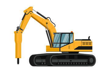 Background with yellow hammer excavator heavy machinery for construction and mining work