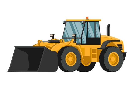 Yellow heavy machinery with front loader in 3D on white background.
