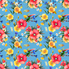 seamless floral pattern with wild  summer flowers on a blue background, red poppies, yellow poppies, cornflowers, camomiles 