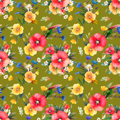 seamless floral pattern with wild  summer flowers on a green background, red poppies, yellow poppies, cornflowers, camomiles 