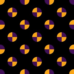 Orange and purple polka dots, seamless pattern on black background. Vector illustration. Happy Halloween.	