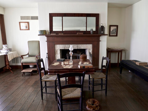 Fort Scott National Historic Site, Kansas: Interior of restored officers' quarters. Morning or Sitting Room, an informal parlor and used by the family only. Room with fireplace and sitting area.