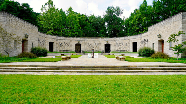 Lincoln Boyhood National Memorial, in Lincoln City, Indiana. Limestone Memorial Visitor Center with bas-relief panels portraying periods of Lincoln's life, designed by sculptor Elmer Daniels. 