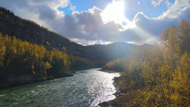 stormy river autumn yenisei bright sun mountains forest