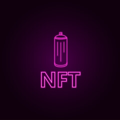 Neon nft sign. Spray paint as a symbol of nft trend with neon effect in stele outline. Vector illustration of neon objects for decoration of artistic events. Art collection