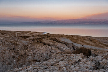 Eastbound view of the Dead Sea and ancient Moab Mountain range (today Jordan) at sunset hours, as...