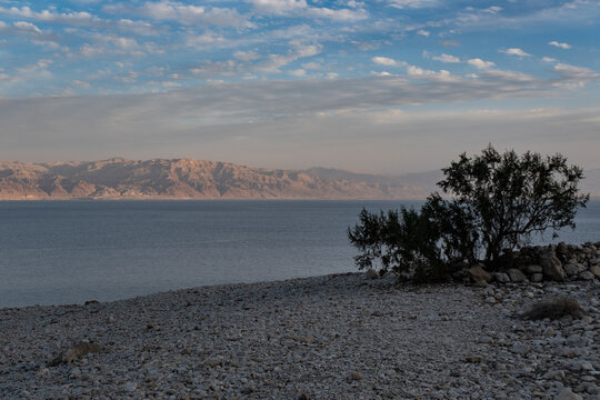 Eastbound view of the Dead Sea and ancient Moab Mountain range (today Jordan) at sunset hours, as seen from Ein Gedi  Youth Hostel,  Kibbutz Ein Gedi, Israel