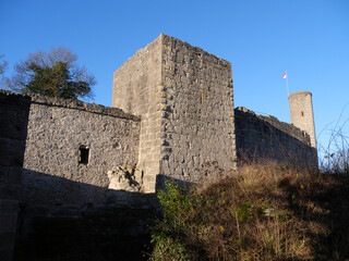 Fototapeta na wymiar Dicker Turm in der Mauer der Ruine Homburg