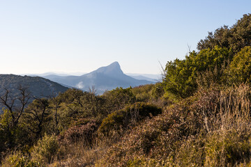 Vue sur le Pic Saint-Loup depuis le Puech des Mourgues à Saint-Bauzille-de-Montmel (Occitanie, France)