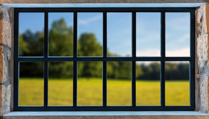 Metal frame window on a stone wall. Black color aluminum grid, blur nature background outdoors