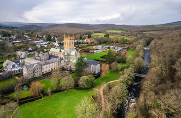 Buckfast Abbey Church from a drone, Buckfastleigh, Devon, England, Europe