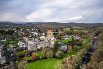 Fototapeta na wymiar Buckfast Abbey Church from a drone, Buckfastleigh, Devon, England, Europe
