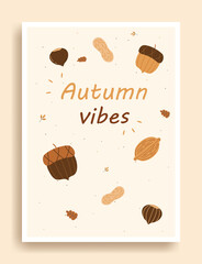 Colorful autumn banner. Cute poster with acorns, nuts, almonds, chestnuts, inscriptions and frame. Autumn vibe greeting card or cover. Cartoon flat vector illustration isolated on pink background