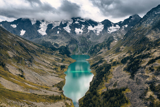 Aerial view of one of the Multin Lakes in Katun Nature Reserve, Multa, Altai Republic, Russia.